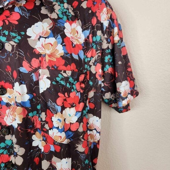 Vintage 70s Button Up Shirt Mens Size M Red Brown Floral Polyester Dagger Collar - Picture 3 of 8